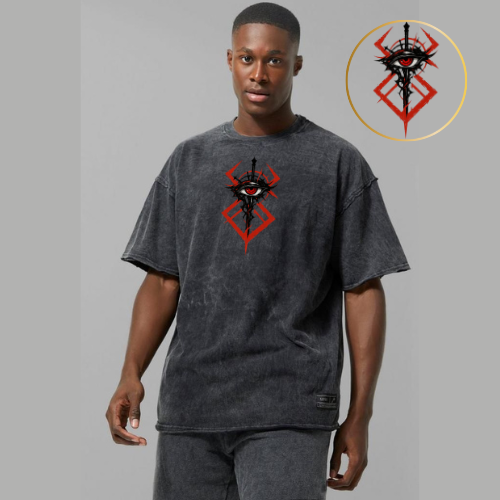 Person wearing a dark gray t-shirt with a red and black logo on a gray background